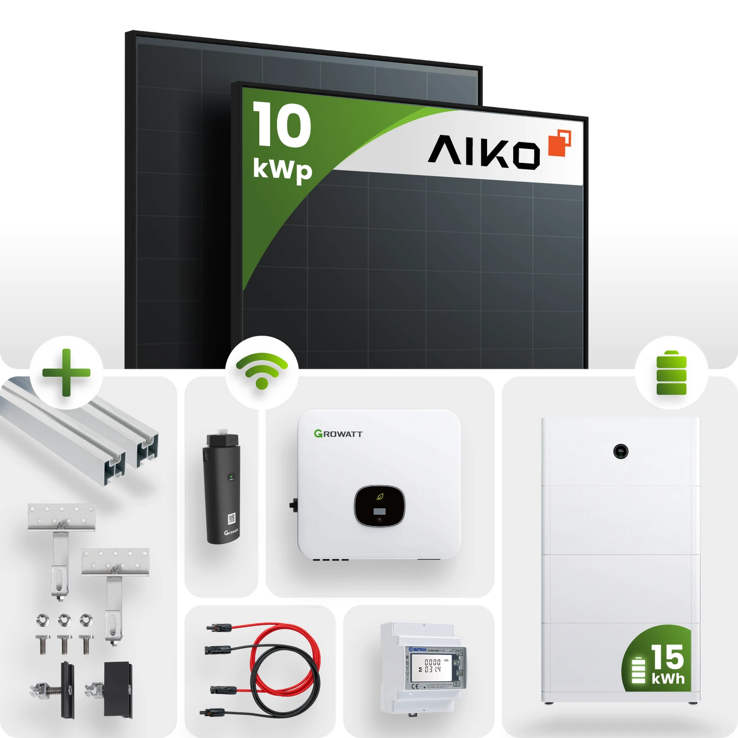 10 kWp Growatt PV-Anlage 22x Aiko 445Wp ABC N-Type Fullblack & Speicher