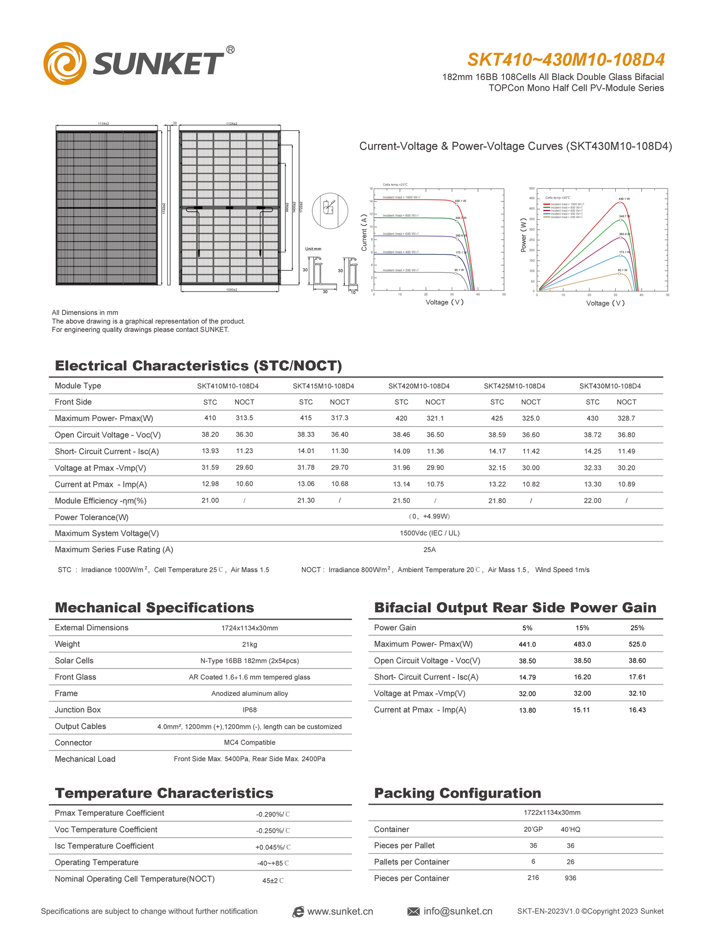 Sunket 430Wp Bifacial Ultra Black Dual Glass Panel