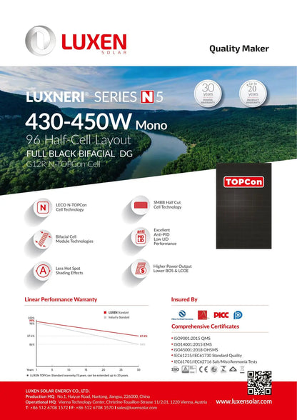 Luxen Solar 450W Bifazial Solarmodul TopCon Luxneri Series N5 Full Black