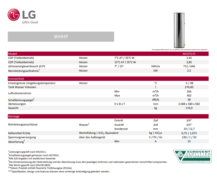 LG Brauchwasserwärmepumpe 270L, R134A